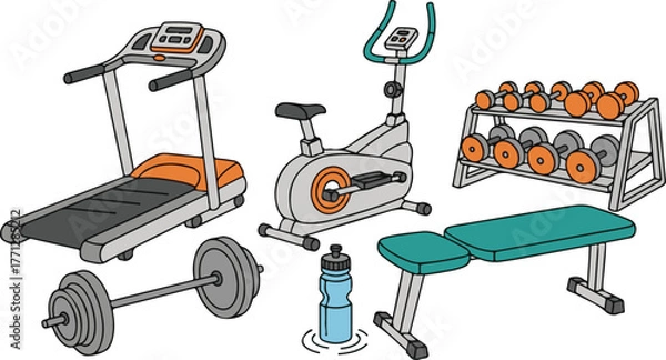 Fototapeta Comprehensive home gym equipment collection treadmill stationary bike dumbbells weight bench workout gear vector