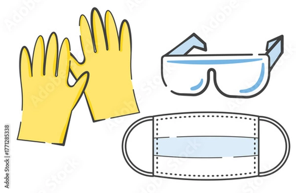 Fototapeta 掃除や消毒などの作業で使う　マスク、手袋、目を保護するゴーグル