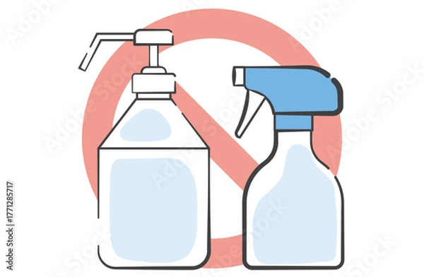 Fototapeta アルコール消毒液とスプレーボトルのイラスト　アルコールが効かない菌の場合に使う禁止マーク付き