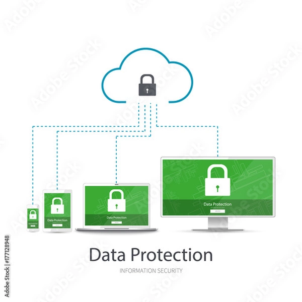 Fototapeta Cloud network data protection for your devices: mobile, tablet, laptop, pc.