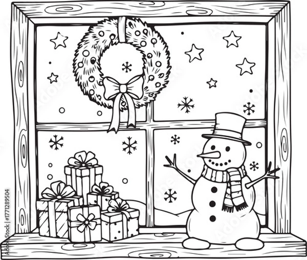 Fototapeta Joyful snowman and festive gifts framed by a window with a holiday wreath and falling snow vector