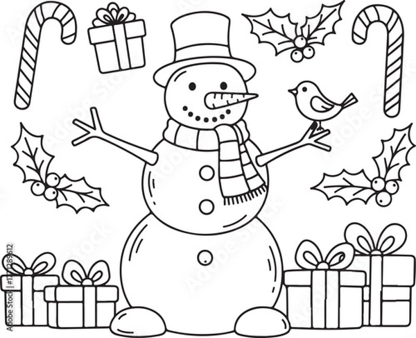 Fototapeta Charming hand-drawn winter holiday scene featuring a friendly snowman surrounded by gifts and festive decorations vector