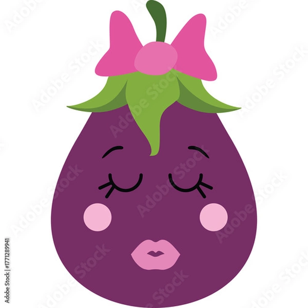 Obraz Cute purple eggplant character with closed eyes pink bow and rosy cheeks on transparent background whimsical cartoon illustration