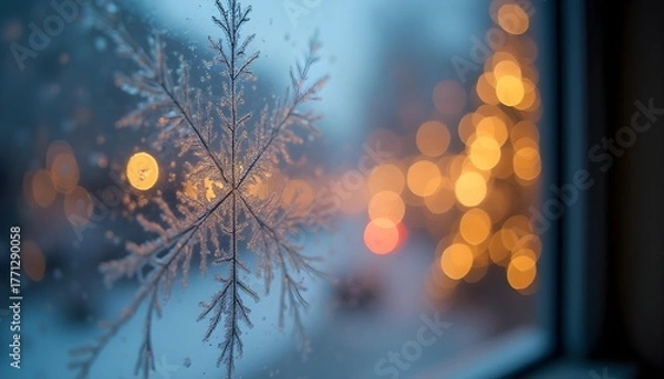 Fototapeta Frosty window with ice patterns and blurred Christmas lights outsider.
