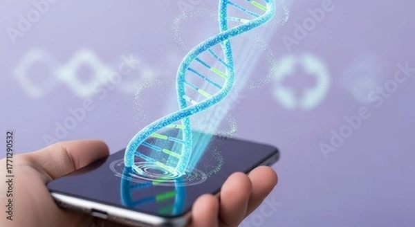 Fototapeta A hand holding a smartphone displaying a glowing, holographic DNA double helix structure emerging from its screen, symbolizing genetic technology and digital biology.