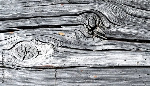 Fototapeta Distressed wooden texture with visible grain patterns and two knots. Weathered, rustic appearance with gray tones