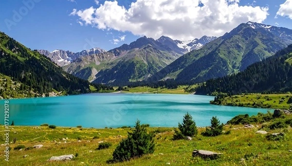 Obraz Bright turquoise lake surrounded by forest, hills, and snow-capped mountains under a sunny, partly cloudy sky