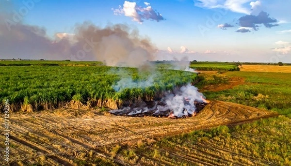 Obraz Burning crop field with rising smoke under a partly cloudy, expansive sky in late afternoon sunlight