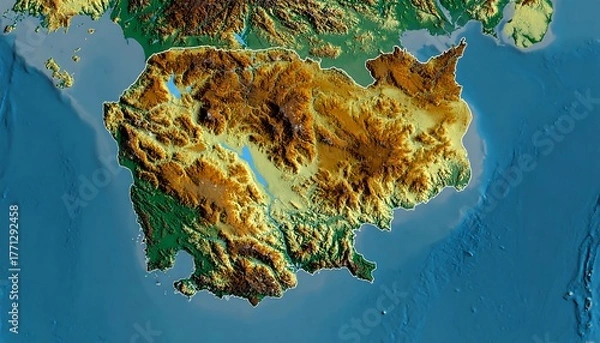 Obraz Cambodia terrain brown hills, green lowlands, blue lakes and sea. Elevation map displays mountainous region