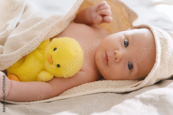 Fototapeta Happy curious baby child after bath with towel on head. Adorable little boy wrapped in blanket. Cutest 3 months old baby smiling in towel on bed close up at home. Child caring routine.