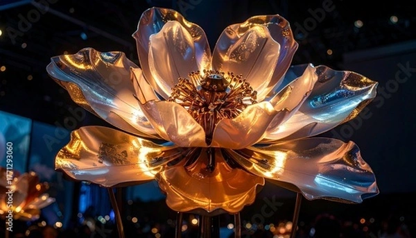Fototapeta Metallic lotus flower sculpture with copper and silvery-blue petals glowing against dark background for editorial art photography nature-inspired design and poetic craftsmanship-themed visuals
