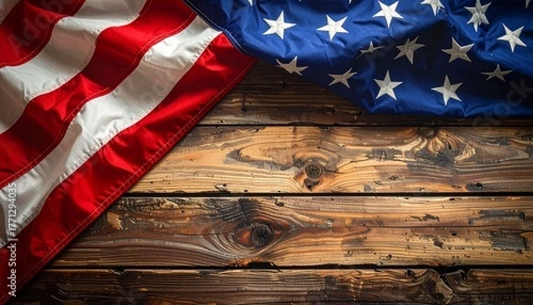Obraz American flag with red white and blue stripes draped over rustic wooden surface for editorial patriotic photography heritage design and poetic symbolism-themed visuals
