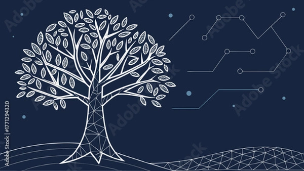 Fototapeta Abstract digital tech tree low poly wireframe style, showcasing blend of nature and technology, evokes sense of innovation