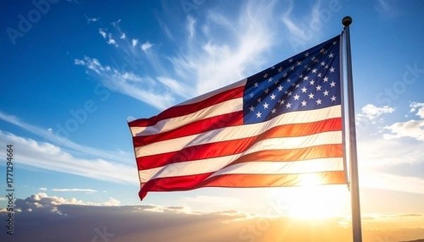 Obraz American flag waving in wind against vibrant sunrise or sunset sky with scattered clouds for editorial patriotic photography national pride design and poetic freedom-themed visuals