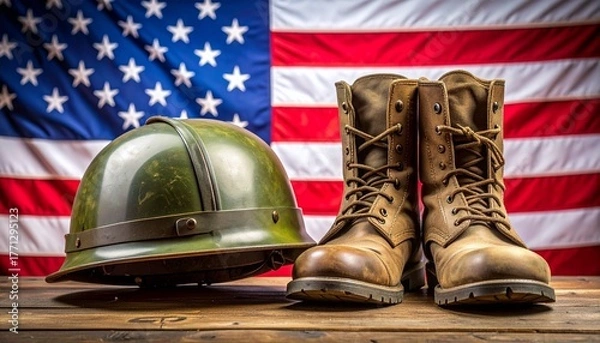 Obraz Military tribute with worn combat boots green army helmet and American flag for editorial patriotic photography commemorative design and poetic sacrifice-themed visuals