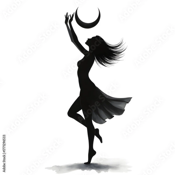 Fototapeta Reaching for the Crescent: A graceful silhouette of a woman dances under the night sky, her arms outstretched towards a luminous crescent moon, embodying dreams, aspirations.