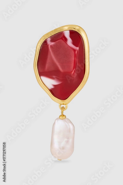 Obraz Elegant gold earring with red agate and baroque pearl gemstones