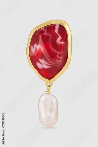 Obraz Elegant gold framed earring with red agate and baroque pearl dangle