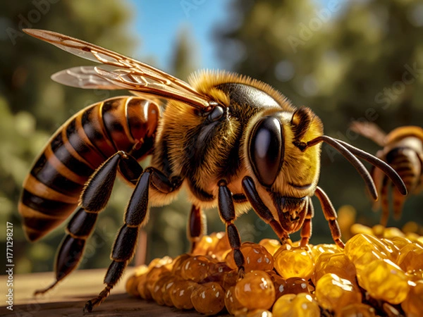 Fototapeta Close-up of a bee feeding on golden honey with detailed wings and body. Blurred green background adds natural depth. Perfect for nature, wildlife, and pollination themes.