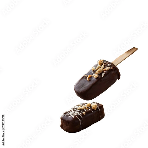 Fototapeta Hand holding chocolate-dipped ice cream bar with almond crunch and drizzle