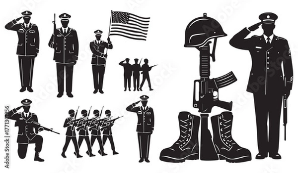 Obraz Collection of silhouette military figures saluting and memorial display with helmet rifle and boots