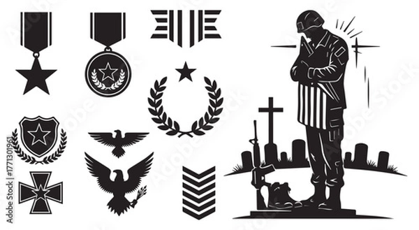 Obraz Collection of military decorations and symbols including medals badges laurel wreath and soldier statue honoring veterans