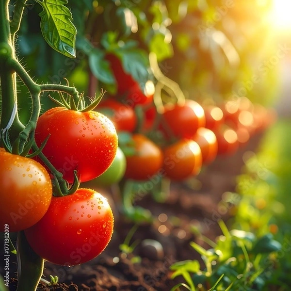 Obraz Ripe Tomatoes on the Vine - A Gardens Bounty in Sunlight.