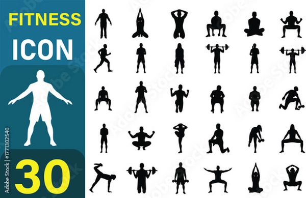Obraz Collection of 30 silhouette fitness icons representing various exercises and sports activities