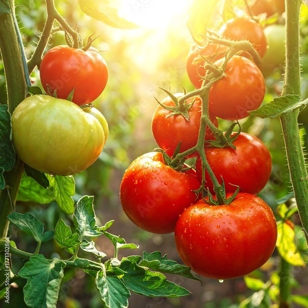 Obraz Ripe Tomatoes on the Vine - A Gardens Bounty in Sunlight.