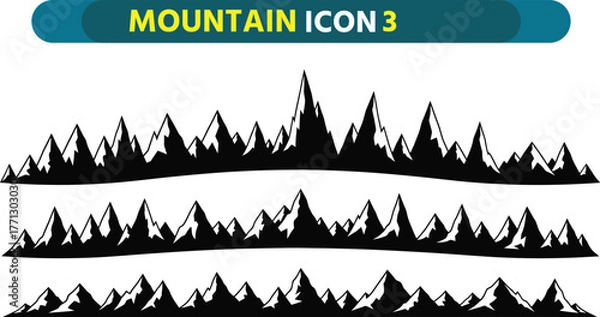 Obraz Collection of three black silhouette mountain range icons with jagged peaks and textured brush strokes