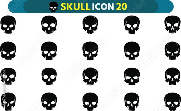 Obraz Collection of twenty stylized black skull icons on a white background with a decorative header