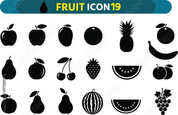 Obraz Collection of black fruit icons in silhouette on a white background representing healthy food and nutrition