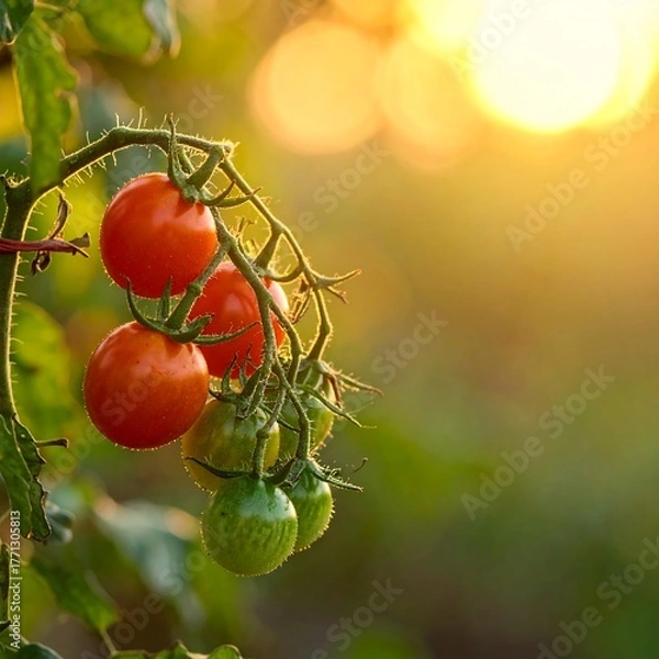 Obraz Ripe Tomatoes on the Vine in Golden Sunlight.
