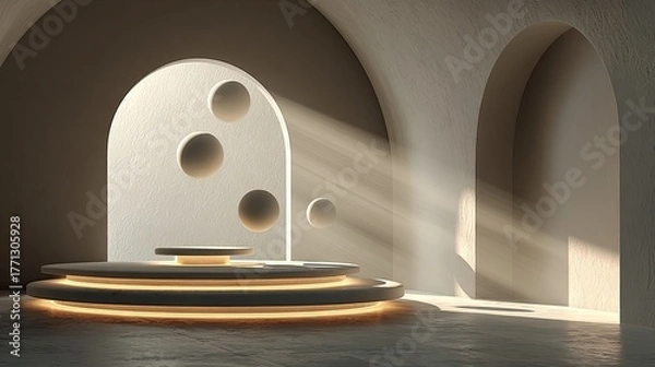 Fototapeta Minimalist interior scene features a tiered platform illuminated by dramatic sunbeams entering through an arched opening