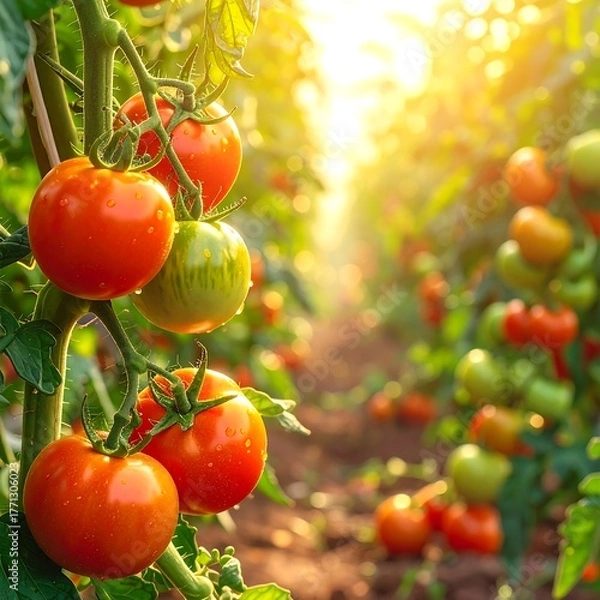 Obraz Ripe Tomatoes on the Vine in a Sunny Garden.