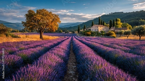 Fototapeta Extensive rows of purple blossoms stretch toward distant buildings nestled among rolling hills.