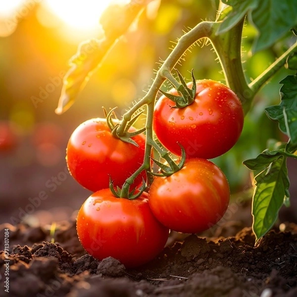 Obraz Ripe Tomatoes on the Vine in the Garden Sunlight.