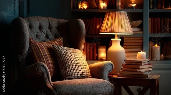 Fototapeta Cozy reading nook features upholstered armchair beside stacked books and illuminated lamps