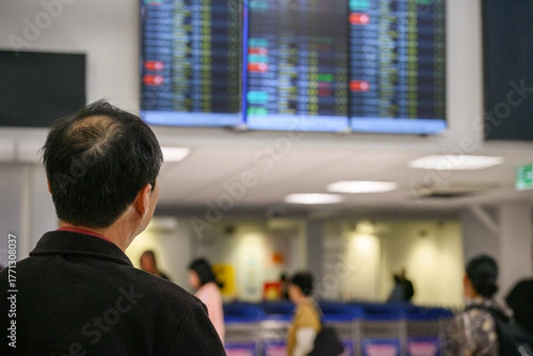 Fototapeta Man looking at the flight information display board at the airport. Unrecognizable passengers in the queue.