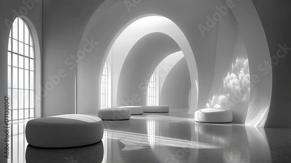 Fototapeta Serene contemporary interior space features stark white minimalist architecture with soft, rounded seating elements