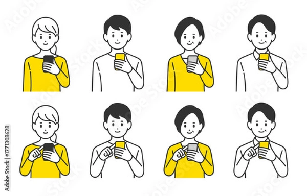 Obraz スマホを持つ･操作する若い･中年男女のセット【人物ベクターイラスト素材】