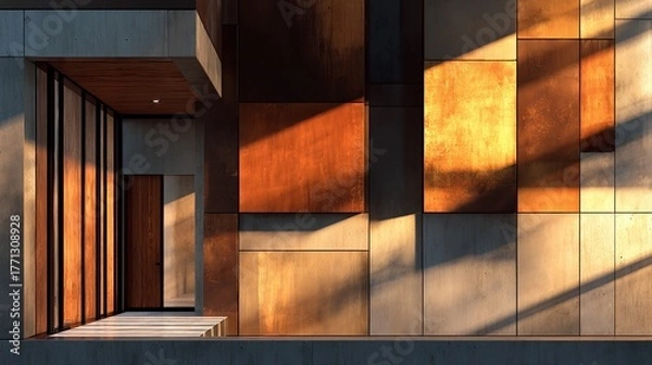Fototapeta Modern building facade showcases contrasting materials bathed in dramatic sunlight and shadow patterns
