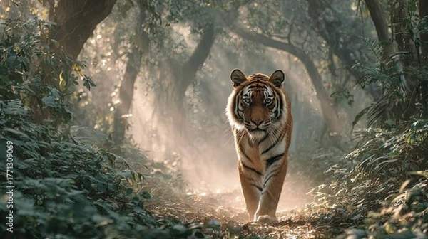Fototapeta Majestic feline predator strides directly toward the viewer through a sunlit, misty jungle path