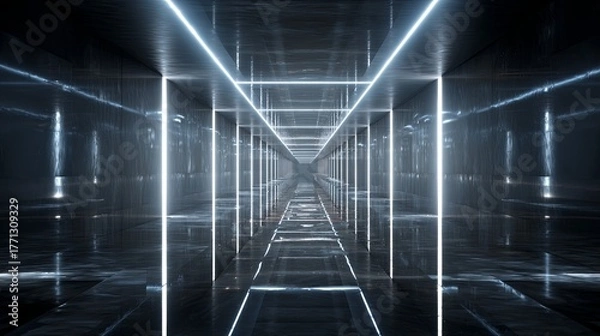 Fototapeta Endless futuristic corridor illuminated by glowing parallel light lines stretching into the distance