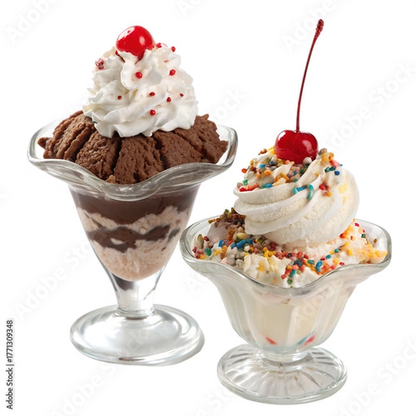 Fototapeta Chocolate and vanilla ice cream sundaes with sprinkles and cherries on white