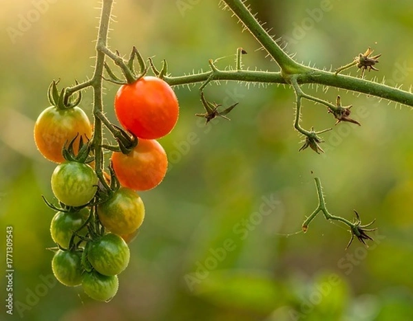 Obraz Ripening Cherry Tomatoes on the Vine in a Garden.