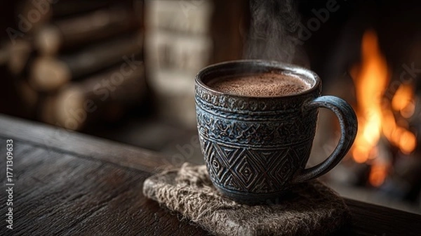 Fototapeta Steaming beverage rests on woven material before a warm fireplace