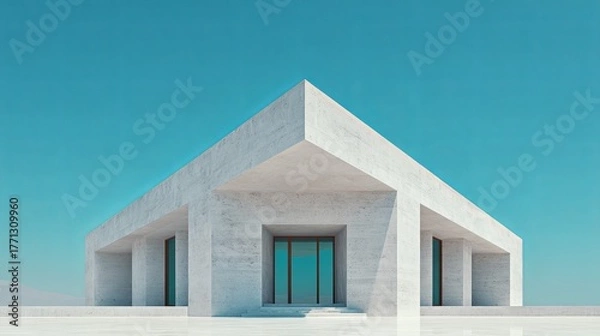 Fototapeta Minimalist white concrete structure stands boldly against a clear cyan sky