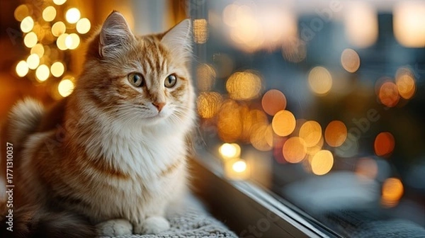 Fototapeta Fluffy orange and white feline gazes thoughtfully near a window with warm holiday lights