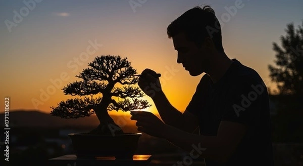 Fototapeta Silhouette of a dedicated individual meticulously tending to a beautiful bonsai tree during a serene sunset, embodying the tranquil art of miniature gardening and cultivation
